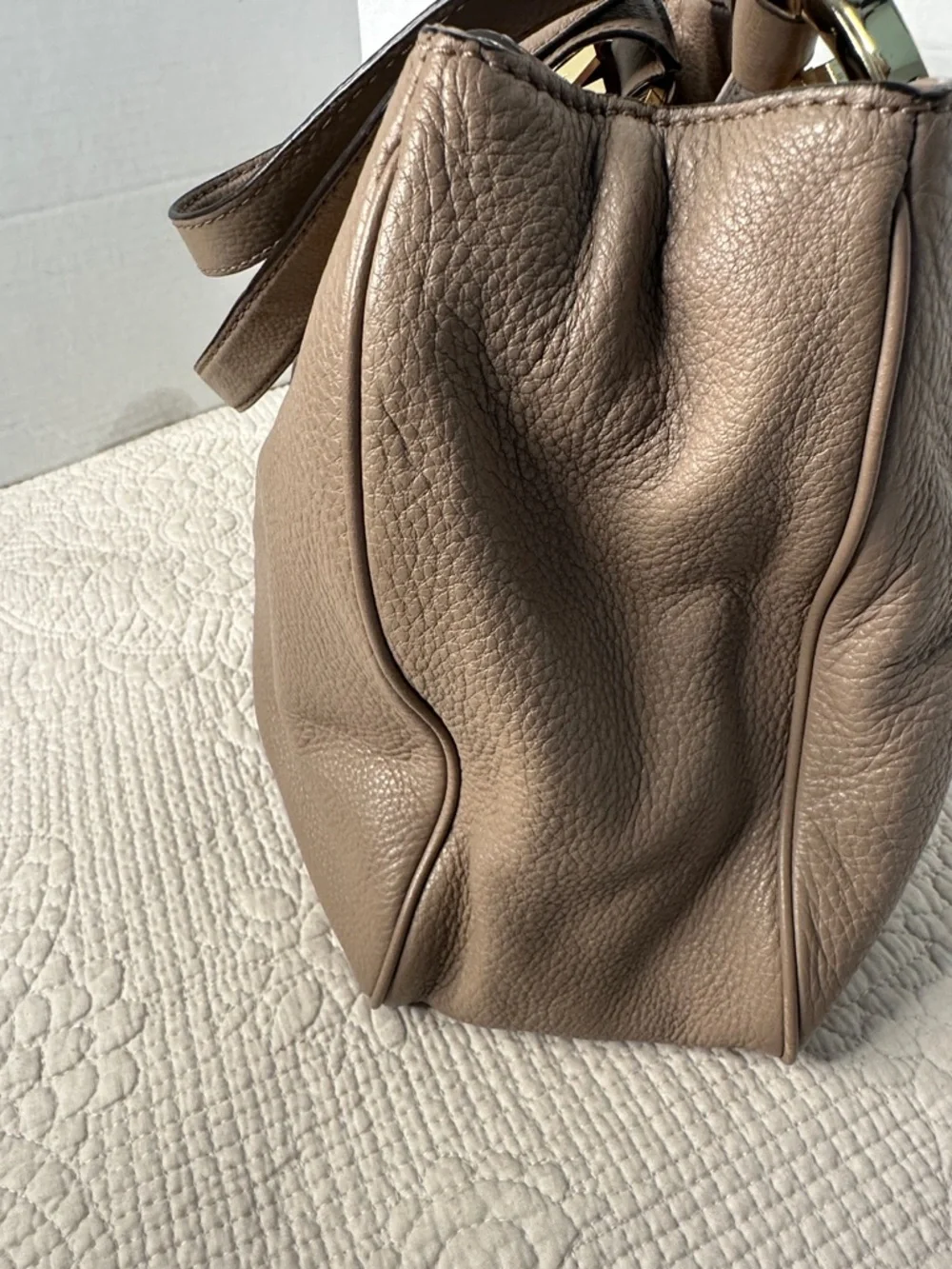 Michael Kors Taupe Brown Pebbled Leather Shoulder Bag with Gold‎ Logo
